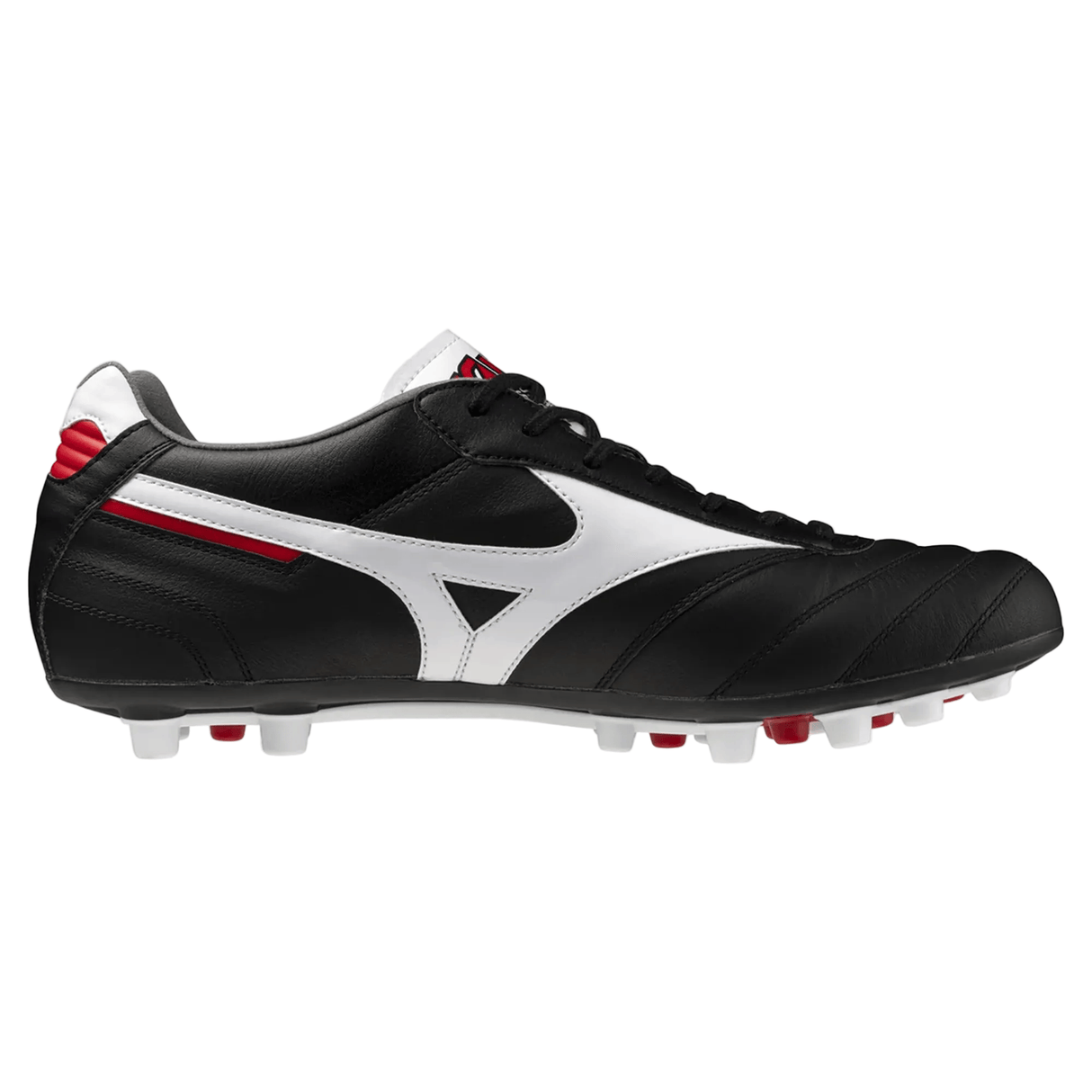 The Mizuno Morelia II Elite AG soccer cleat in black, white, and red features premium kangaroo leather and molded studs for traction.