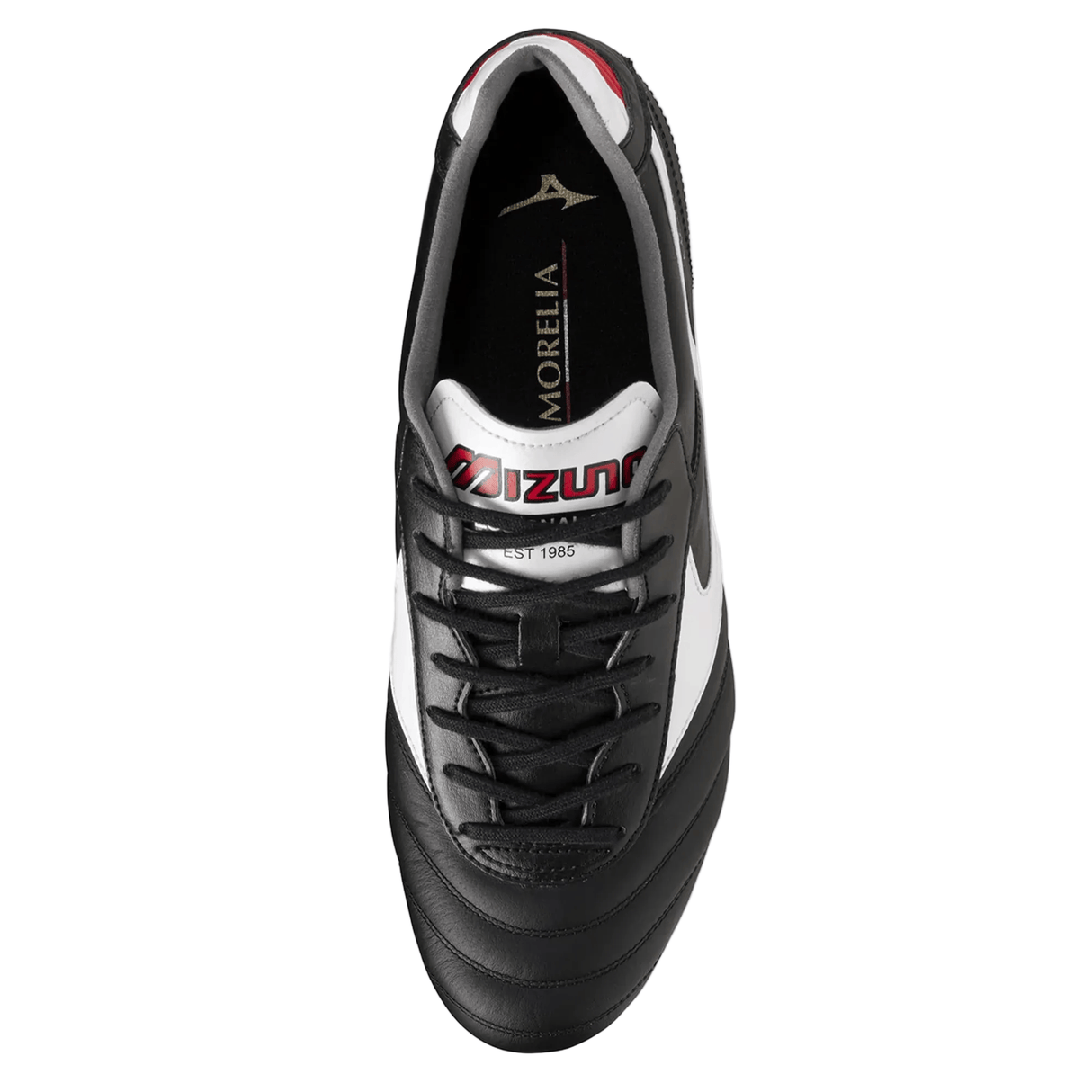 Top view of the Mizuno Morelia II Elite AG rugby boot in Black/White/Red, featuring black laces, a kangaroo leather upper, and “Mizuno” branding on the tongue.
