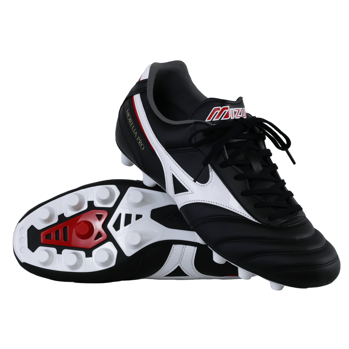 A pair of Mizuno Morelia II Pro FG Rugby Boots in black, white, and red; these premium kangaroo leather boots are designed for outstanding touch and comfort. One boot stands upright, while the other showcases its studded sole—ideal for firm ground performance.