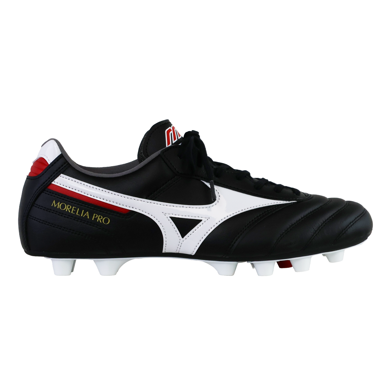 The Mizuno Morelia II Pro FG in Black/White/Red is a classic firm ground football boot with kangaroo leather, red accents, and white studs, shown side view on a plain background. Designed by Mizuno for comfort and top performance.