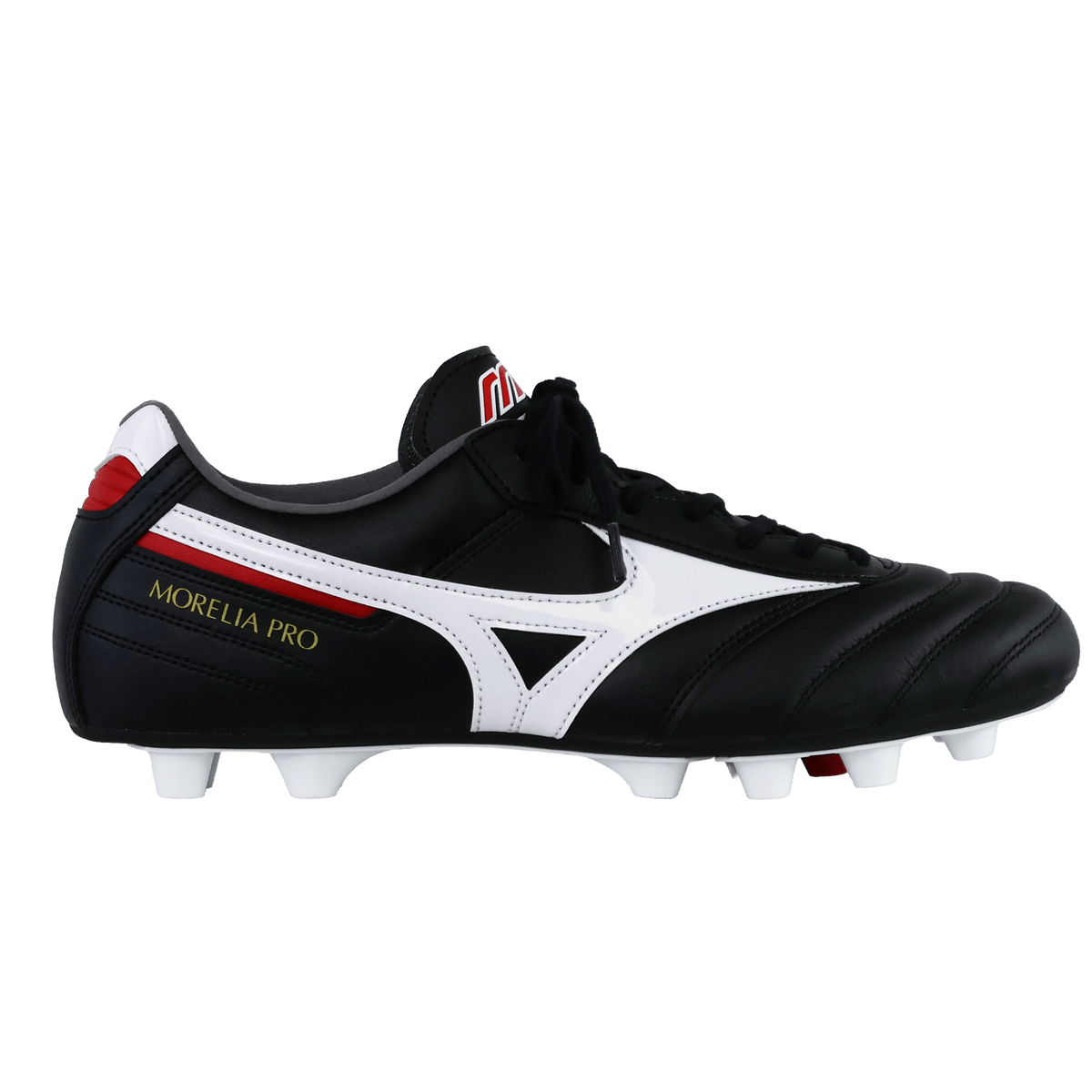 A Mizuno Morelia II Pro FG Rugby Boot by Mizuno in black, white, and red, featuring kangaroo leather and molded studs, is displayed in a side profile view on a plain background.