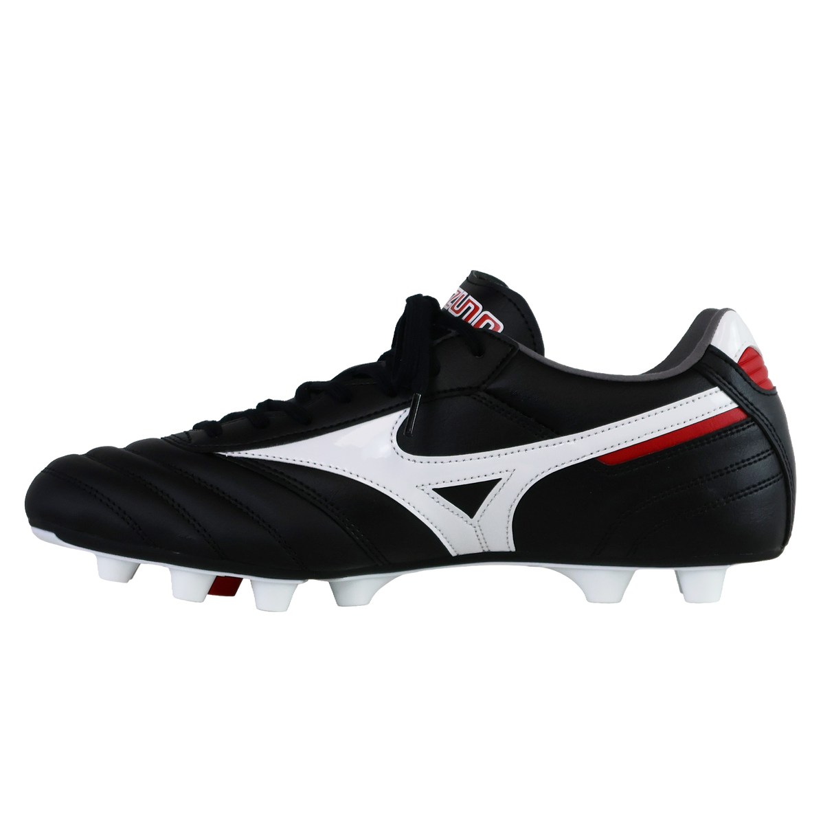 The Mizuno Morelia II Pro FG soccer cleat in black, white, and red features white studs, a lace-up design, and premium kangaroo leather. Shown against a plain white background. Brand: Mizuno.