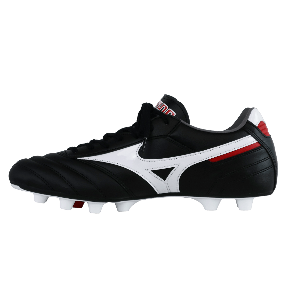 The Mizuno Morelia II Pro FG Rugby Boot in Black/White/Red, crafted from premium kangaroo leather and featuring a lace-up design with molded studs for firm ground play, is shown in a side profile against a plain white background.