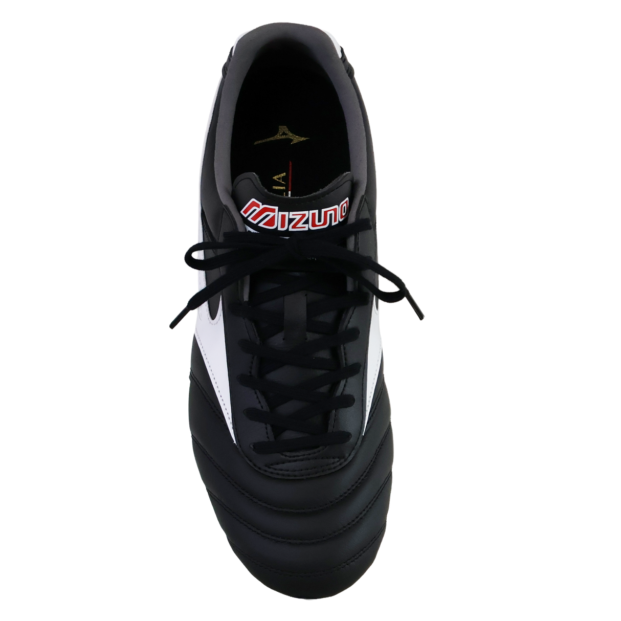 The Mizuno Morelia II Pro FG football boot by Mizuno, in Black/White/Red colorway, features premium kangaroo leather and black laces, shown from above on a white background.