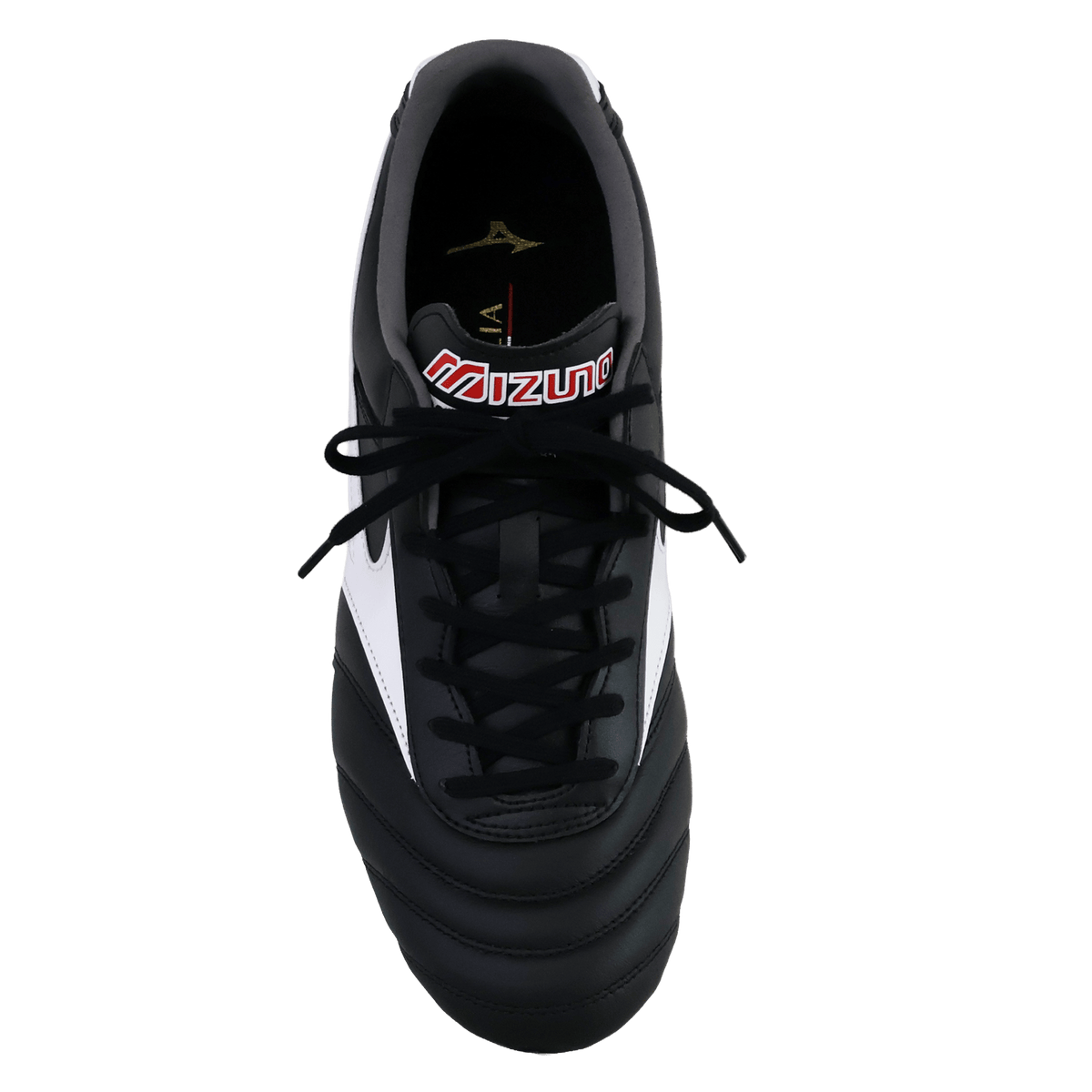 Top view of a Mizuno Morelia II Pro FG Rugby Boot in black, white, and red with black laces and the Mizuno logo on the tongue, crafted from premium kangaroo leather, displayed against a plain white background.
