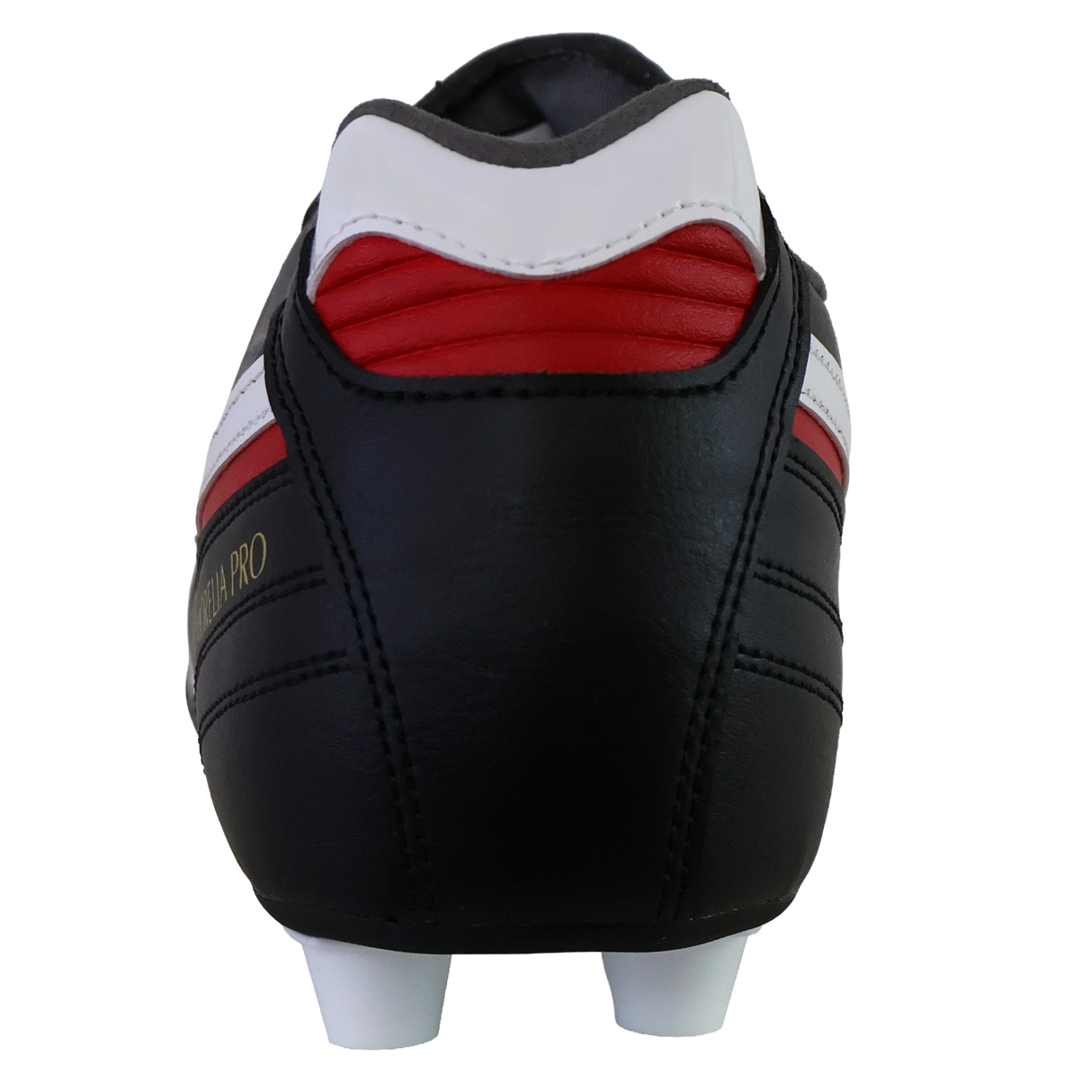 A rear view of the Mizuno Morelia II Pro FG in Black/White/Red, a firm ground football boot from Mizuno crafted for precision and comfort, featuring black kangaroo leather and distinctive white studs on the sole.