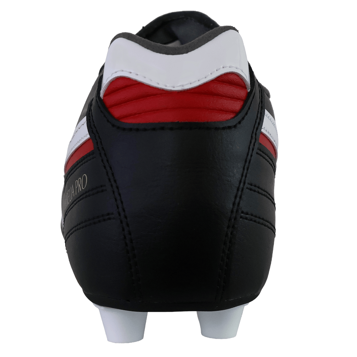 Rear view of the black Mizuno Morelia II Pro FG Rugby Boot by Mizuno, featuring white and red accents, two white studs, and detailed stitching—crafted from premium kangaroo leather for firm ground play.