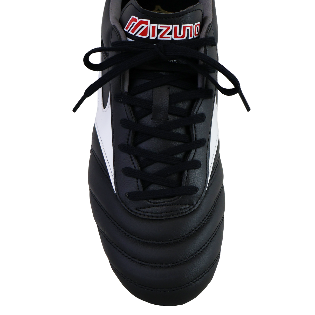 The Mizuno Morelia II Pro FG soccer cleat in black, white, and red, crafted from premium kangaroo leather by Mizuno, is shown from above with black laces against a plain white background.