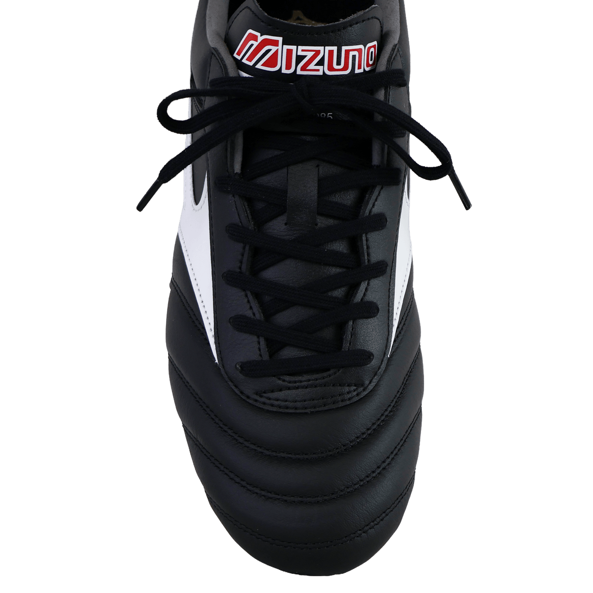Black and white Mizuno Morelia II Pro FG Rugby Boots, crafted from premium kangaroo leather, are displayed from above to highlight the laces, tongue, and the iconic Mizuno logo against a clean white background. These classic firm ground boots blend timeless design with superior materials for outstanding on-field performance.