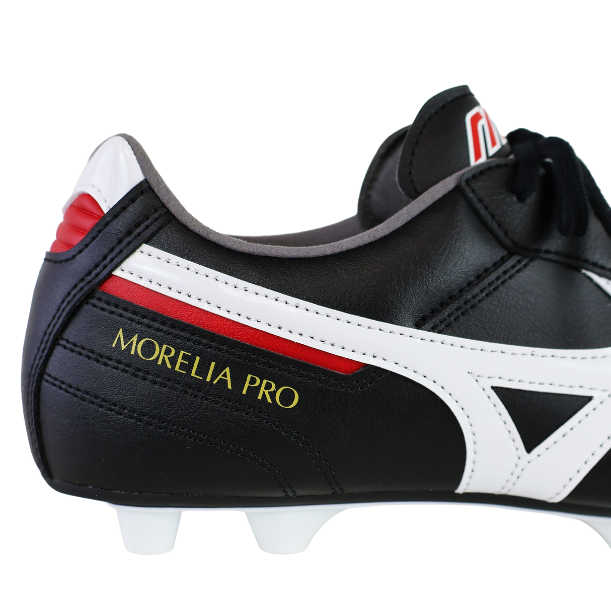 Close-up of the heel and side of a Mizuno Morelia II Pro FG cleat in black, white, and red with "Morelia Pro" printed in yellow on the heel.