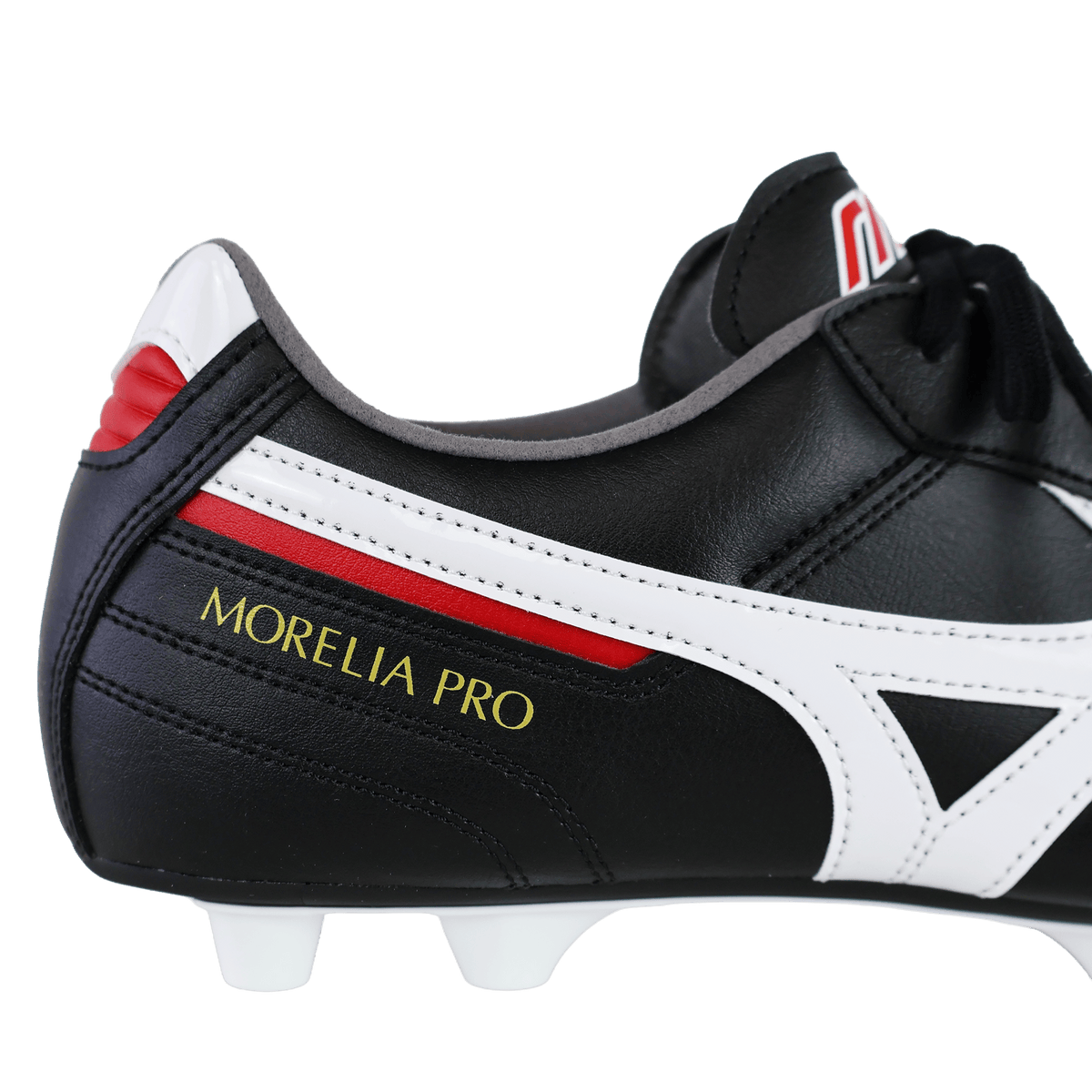 Close-up of the Mizuno Morelia II Pro FG Rugby Boot in black, white, and red, featuring “MORELIA PRO” text on the side. Crafted from premium kangaroo leather, these Mizuno boots are engineered for exceptional touch and comfort on firm ground surfaces.