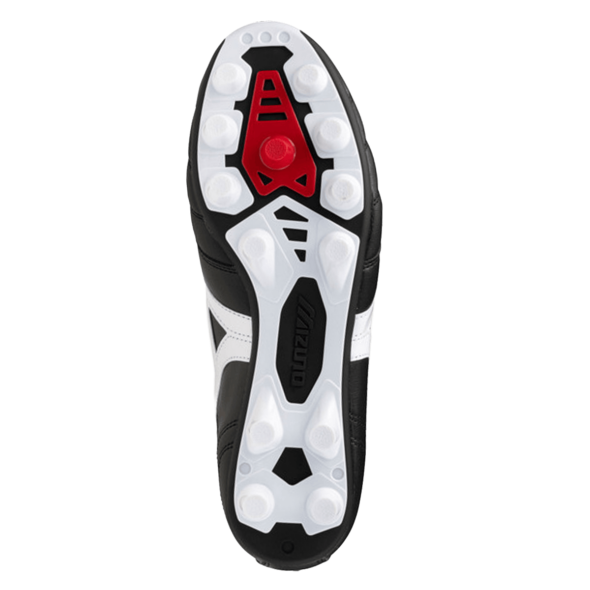 Bottom view of the Mizuno Morelia II Pro FG Rugby Boot in Black/White/Red, a firm ground design featuring white and red studs and the Mizuno logo on the sole. These high-performance boots by Mizuno are crafted from premium kangaroo leather for exceptional touch and comfort on the pitch.