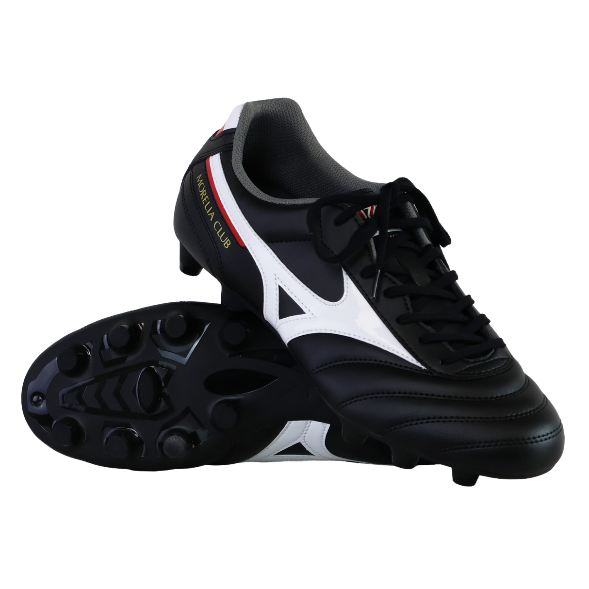 The Mizuno Morelia II Club FG - Black/White/Red soccer cleats by Mizuno, shown upright and on their side to display the studded sole, are ideal for firm ground play.