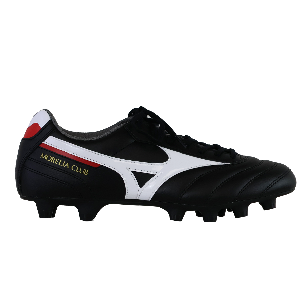 The Mizuno Morelia II Club FG - Black/White/Red soccer cleat features gold "Morelia Club" branding and molded studs for firm ground traction, with a black base and white/red accents—resembling classic rugby boots.