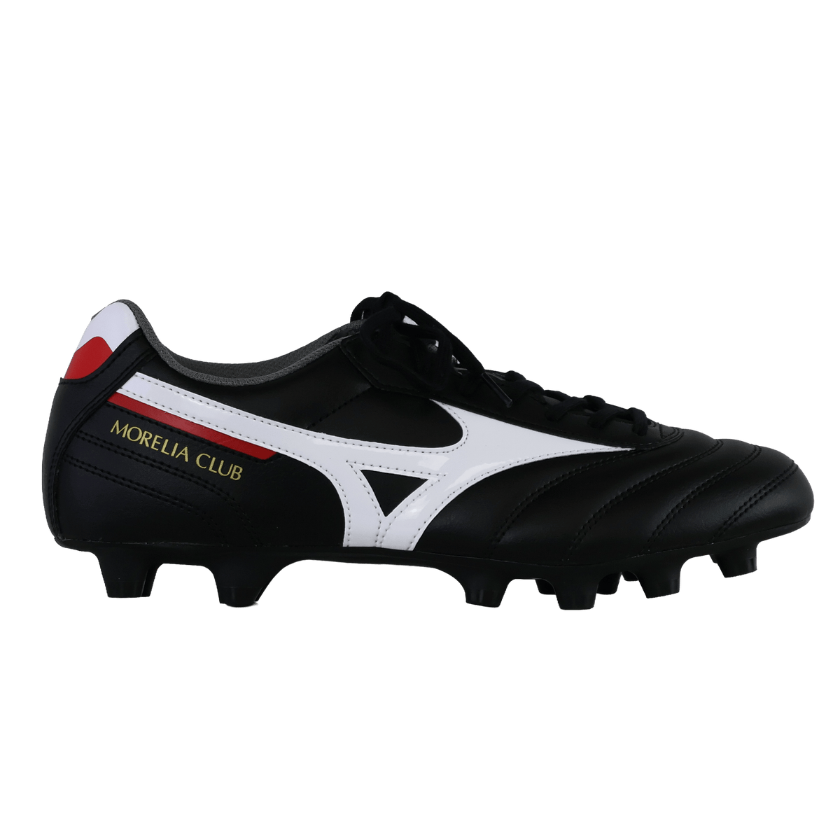 The Mizuno Morelia II Club FG Rugby Boot in black, white, and red features “Morelia Club” branding, red and white accent details, and molded studs for firm ground play; shown here on a plain white background.