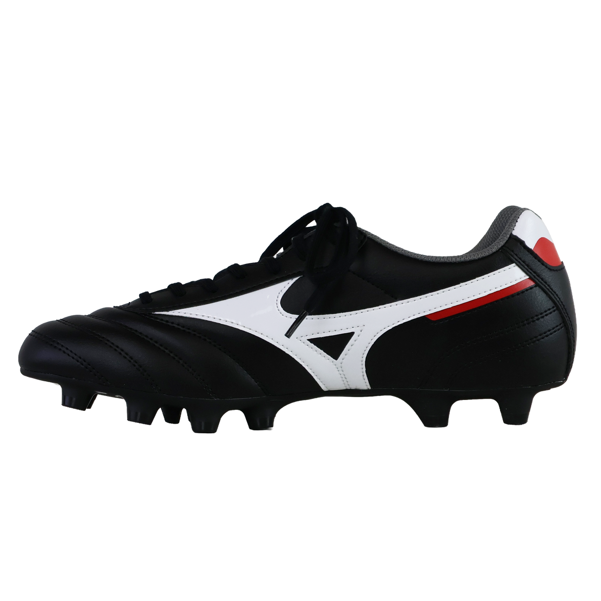 The Mizuno Morelia II Club FG - Black/White/Red soccer cleat by Mizuno features black with white and red accents, molded firm ground studs, and black laces, shown on a plain white background.