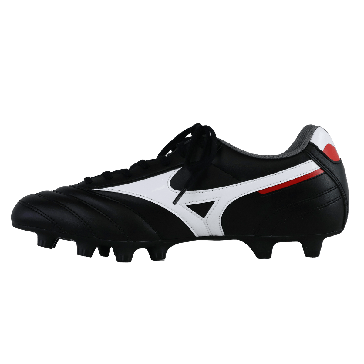 The Mizuno Morelia II Club FG Rugby Boot in black, white, and red features a classic lace-up closure, molded studs for superior traction on firm ground, and stylish white and red accents. Inspired by the iconic Mizuno design, these boots deliver reliable performance and comfort, showcased against a plain white background.