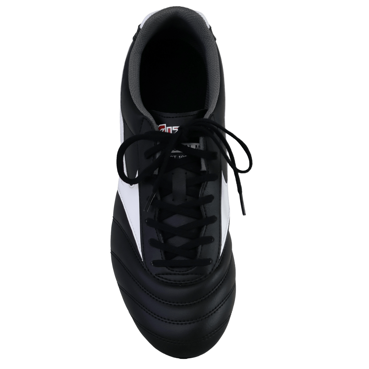 A top-down view of the Mizuno Morelia II Club FG Rugby Boot by Mizuno, showcasing its black and white colorway with black laces, a predominantly black upper, and a contrasting white side panel—specifically designed for firm ground surfaces.