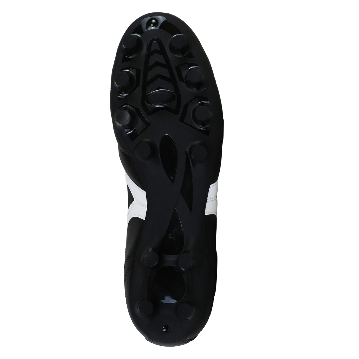 The image displays the black sole of the Mizuno Morelia II Club FG - Black/White/Red soccer cleat, featuring multiple round studs and white side detailing by Mizuno, designed for firm ground play.