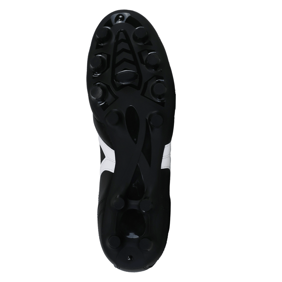 Black and white Mizuno Morelia II Club FG Rugby Boot shown from the bottom, highlighting multiple studs and tread pattern on the sole—ideal for firm ground play.