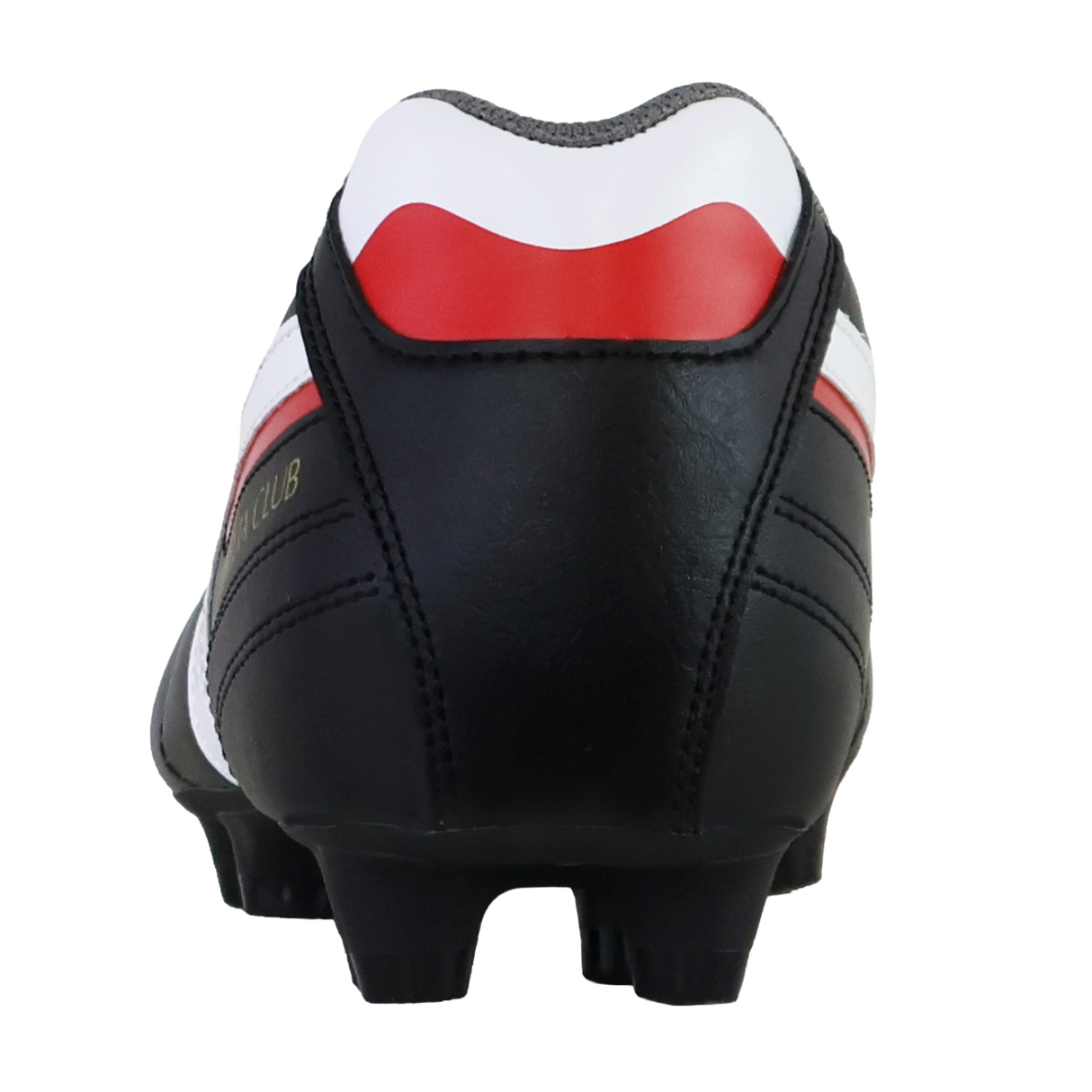 Rear view of the Mizuno Morelia II Club FG - Black/White/Red by Mizuno, a firm ground soccer cleat with molded studs for traction—perfect for players seeking lightweight performance.