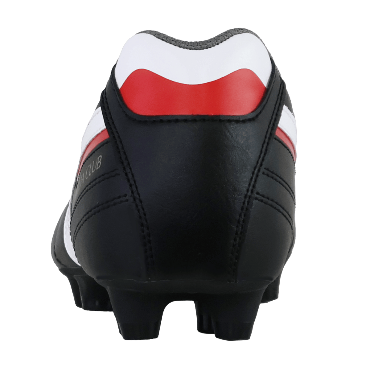 Rear view of a black Mizuno Morelia II Club FG Rugby Boot with white and red accents, featuring its studded sole made for firm ground and part of the Mizuno brand name visible on the side.