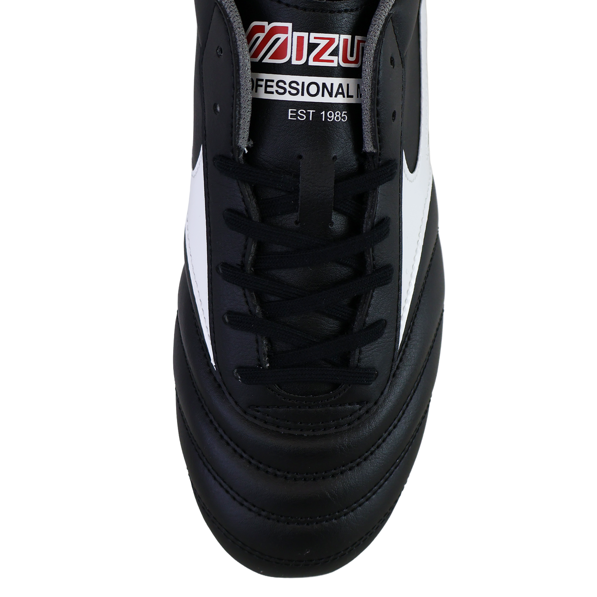 Top view of the Mizuno Morelia II Club FG - Black/White/Red soccer shoe, featuring black laces and “PROFESSIONAL” and “EST 1985” text on the tongue, designed by Mizuno for firm ground play.