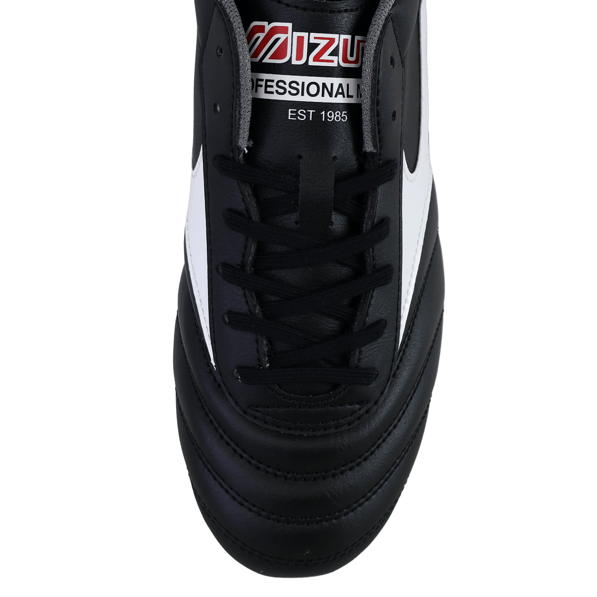 Top view of a black, white, and red Mizuno Morelia II Club FG Rugby Boot with black laces and “PROFESSIONAL MODEL EST 1985” printed on the tongue, designed for optimal performance on firm ground.