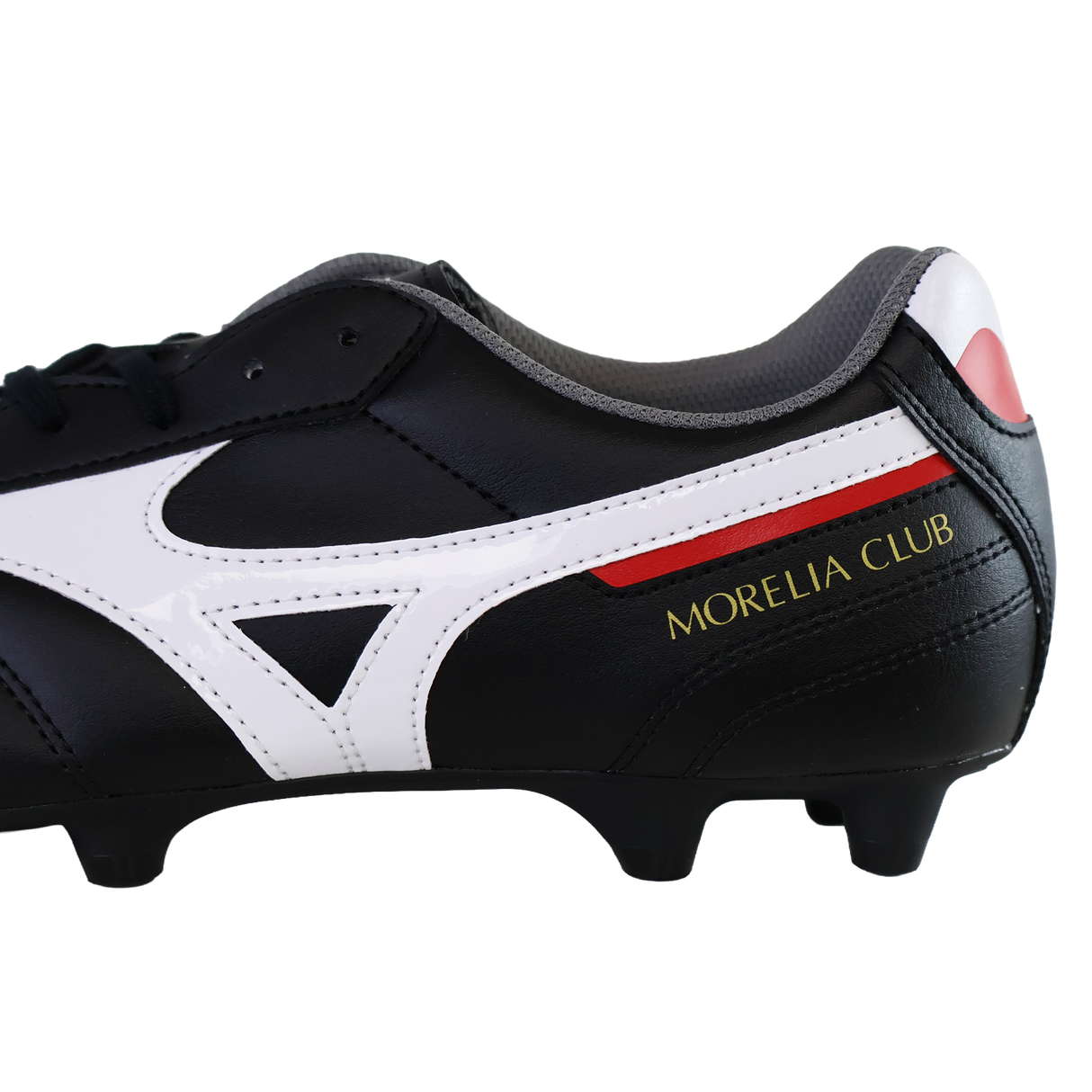 The Mizuno Morelia II Club FG - Black/White/Red is a firm ground soccer cleat from Mizuno, featuring "MORELIA CLUB" text on the side and stylish white and red accents.