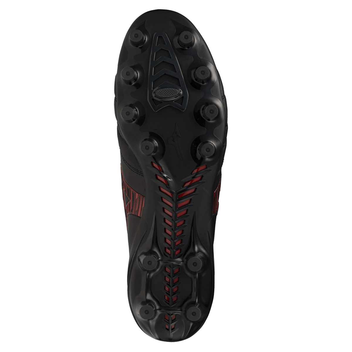 Bottom view of the Mizuno Morelia Neo IV FG Made in Japan Rugby Boot in Black/Morelia 40th Anniversary Red, featuring red accents, molded studs, and a patterned sole—expertly crafted by Mizuno in the tradition of premium leather rugby boots.