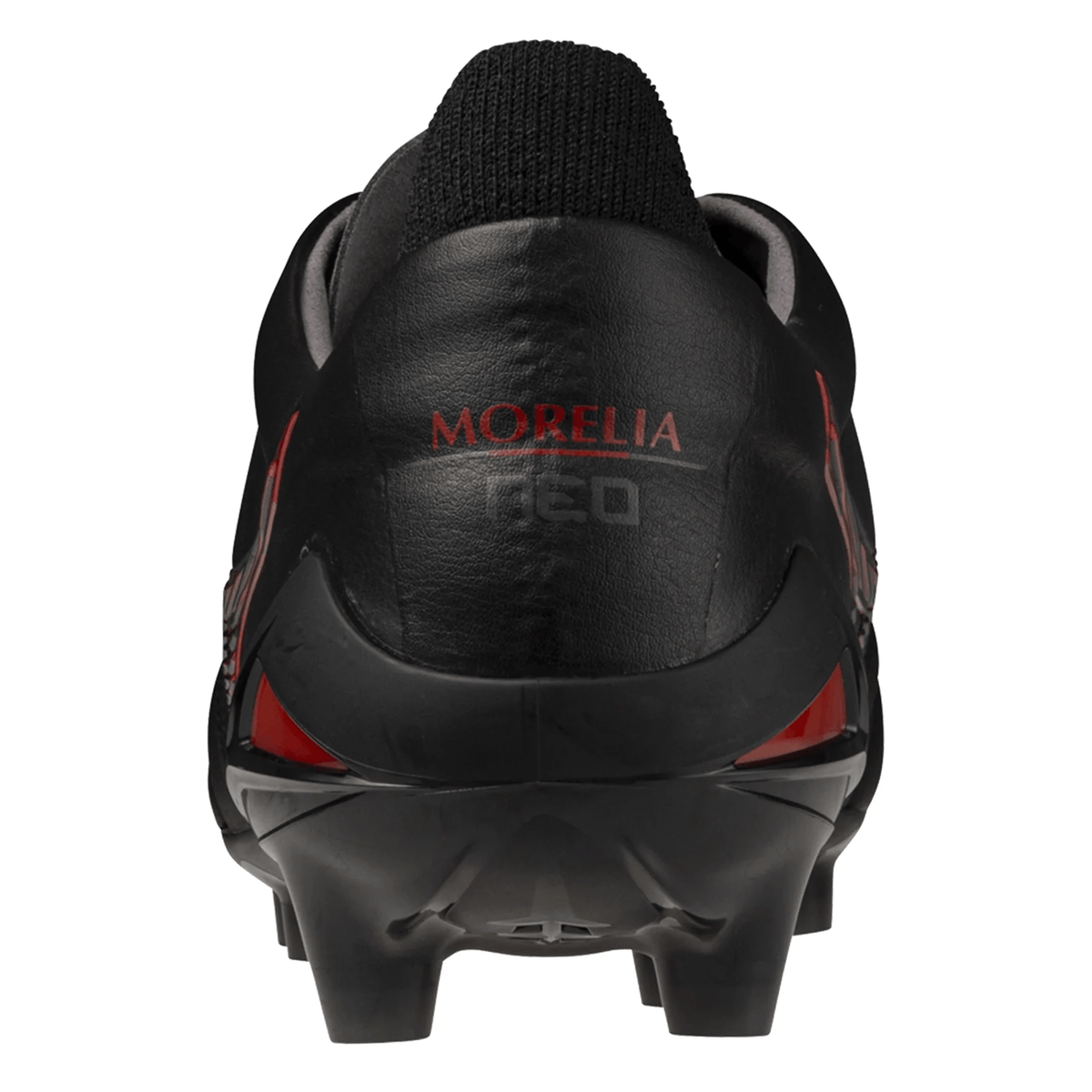 Rear view of the black Mizuno Morelia Neo IV FG Made in Japan Rugby Boot, featuring 40th Anniversary Red accents, “MORELIA NEO” text on the heel, and molded studs on the sole—showcasing the premium leather quality synonymous with Mizuno’s Made in Japan craftsmanship.