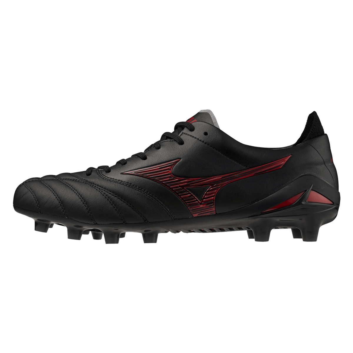 Showcased in a side profile, the Mizuno Morelia Neo IV FG Made in Japan Rugby Boot in Black/Morelia 40th Anniversary Red features premium black leather with red anniversary accents, stitched toe detailing, and molded sole studs—demonstrating Mizuno’s renowned Japanese craftsmanship for outstanding performance.