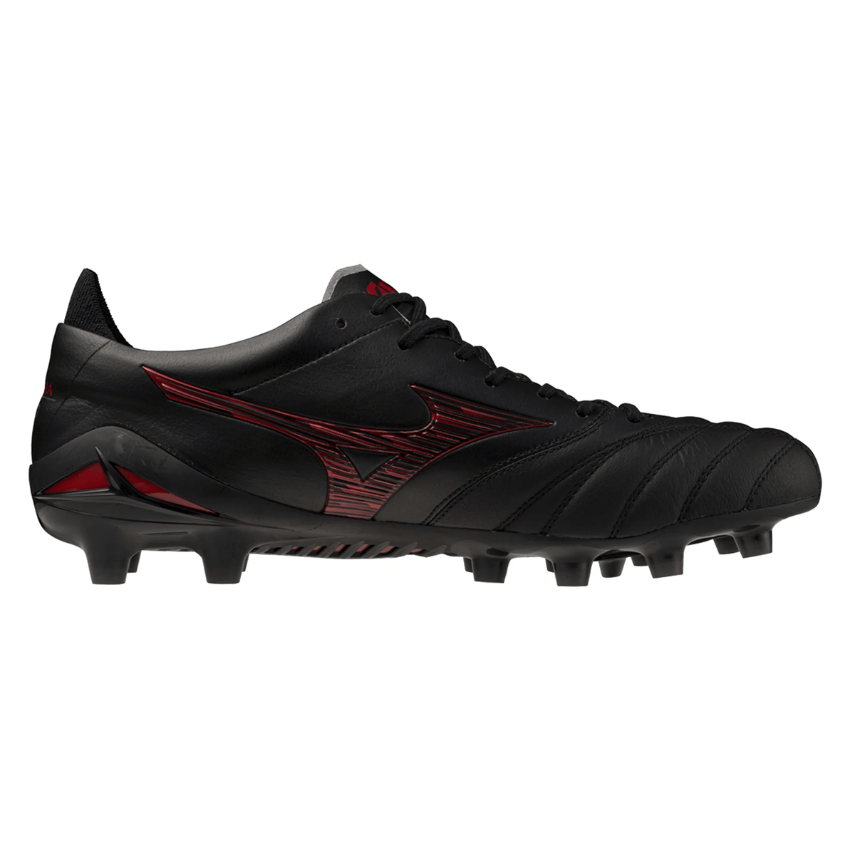 Introducing the Mizuno Morelia Neo IV FG Made in Japan Rugby Boot in Black/Morelia 40th Anniversary Red—a black soccer cleat with red accents and molded studs, showcasing a stylized Mizuno logo on the side and inspired by the renowned craftsmanship of Made in Japan rugby boots.