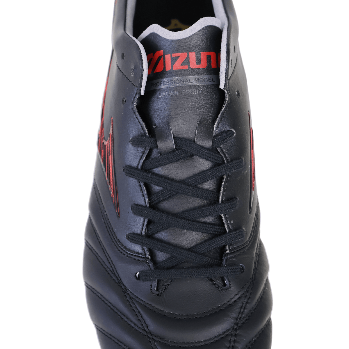 Front view of the black Mizuno Morelia Neo IV FG Made in Japan Rugby Boot, featuring the 40th Anniversary Red logo, with visible laces and stitching details—crafted in the iconic Mizuno style and inspired by premium Japanese leather rugby boots.
