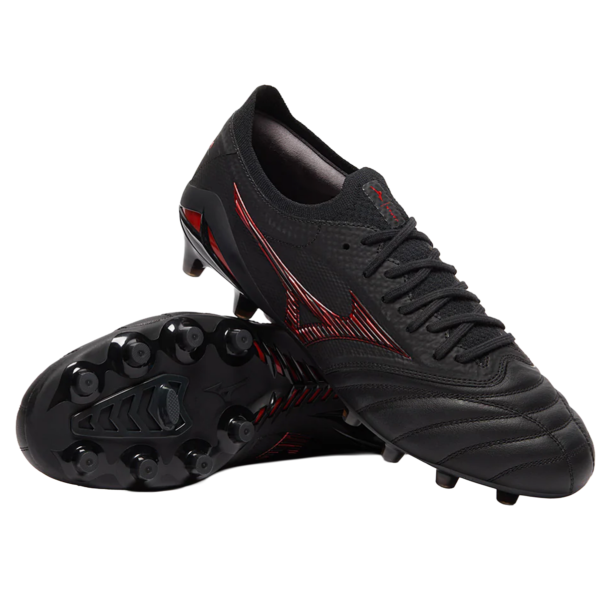 A pair of Mizuno Morelia Neo IV Beta FG Made in Japan soccer cleats in Black/Morelia 40th Anniversary Red; one shoe is upright, the other on its side, showing the studded sole and premium kangaroo leather upper.