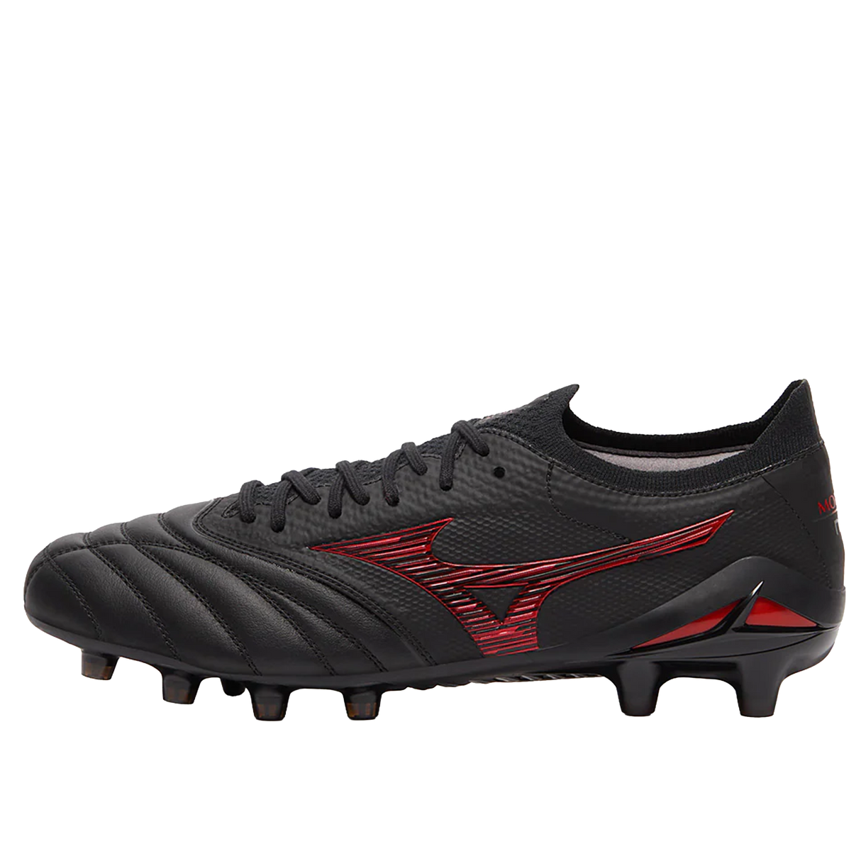 The Mizuno Morelia Neo IV Beta FG Made in Japan - Black/Morelia 40th Anniversary Red is a premium kangaroo leather soccer cleat with red accents, a large red logo, and molded studs for firm ground play.