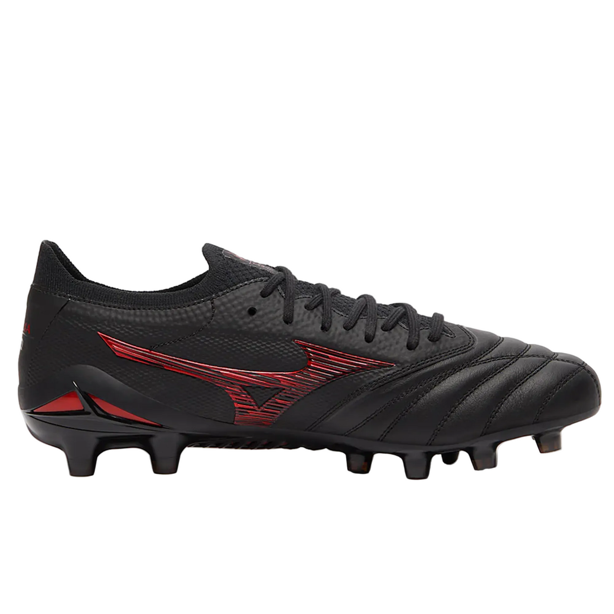 The Mizuno Morelia Neo IV Beta FG Made in Japan in Black/Morelia 40th Anniversary Red offers premium kangaroo leather, lace-up design, and molded studs—perfect for soccer or rugby players seeking top quality and style from Mizuno.