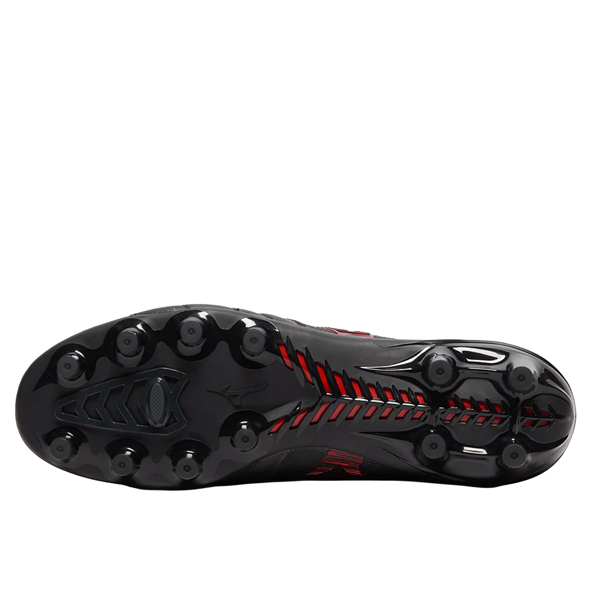Bottom view of the Mizuno Morelia Neo IV Beta FG Made in Japan rugby boots in Black/Morelia 40th Anniversary Red, featuring molded studs and textured patterns for superior traction.