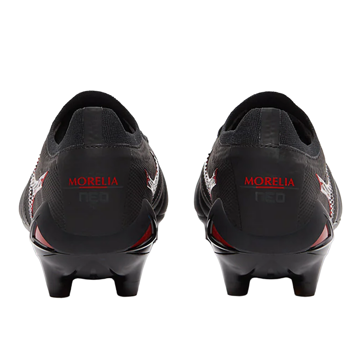 A pair of black Mizuno Morelia Neo IV Beta FG Made in Japan soccer cleats—40th Anniversary edition—crafted from premium kangaroo leather, shown from the back with "MORELIA NEO" in red on each heel.