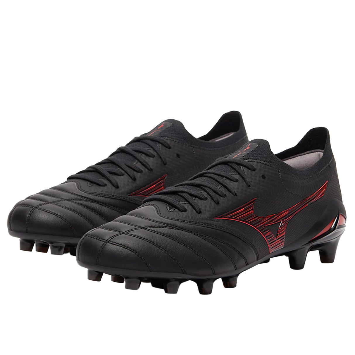 A pair of Mizuno Morelia Neo IV Beta FG Made in Japan soccer cleats in black with Morelia 40th Anniversary red accents and laces, crafted from premium kangaroo leather, is displayed on a white background.