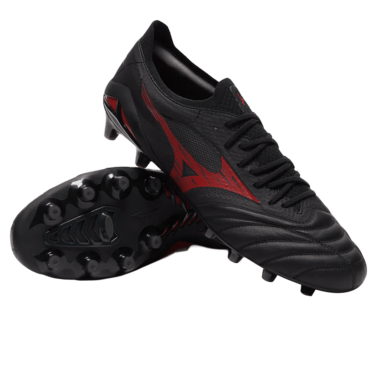 A pair of Mizuno Morelia Neo IV Beta Elite FG football boots in Black/Morelia 40th Red/Black, one upright and one showing the molded studded sole.
