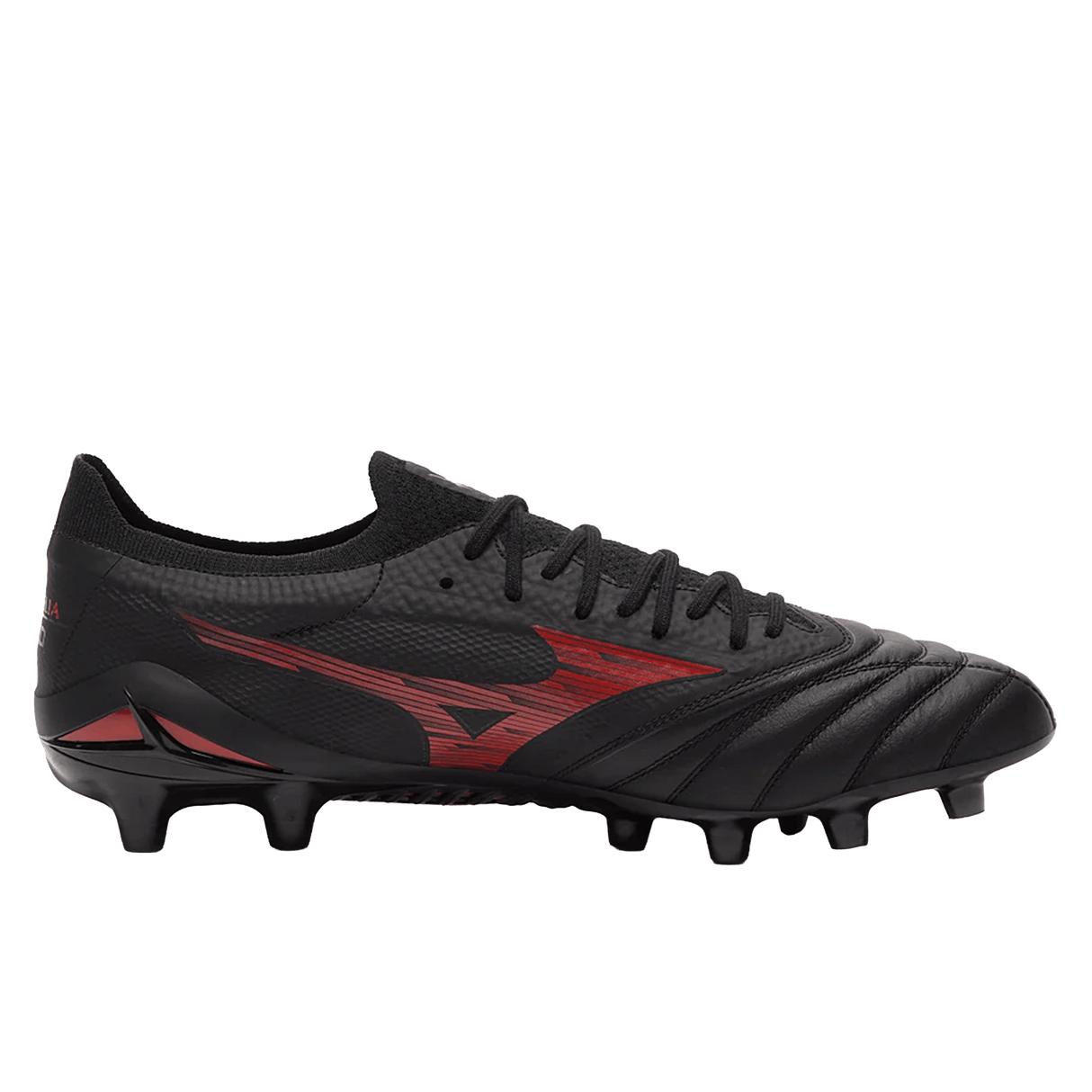 The Mizuno Morelia Neo IV Beta Elite FG in Black/Morelia 40th Red/Black features premium kangaroo leather, stitched detailing, textured surface, and molded studs for firm ground traction.