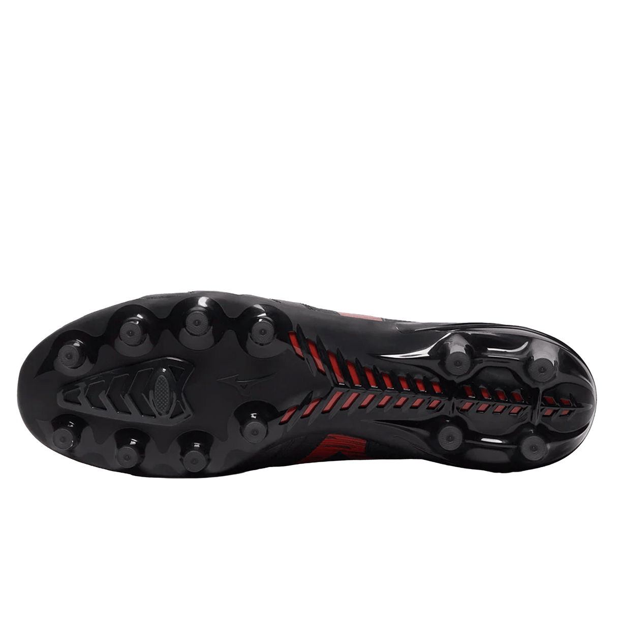 Bottom view of the Mizuno Morelia Neo IV Beta Elite FG in Black/Morelia 40th Red/Black, featuring round sole studs for traction and premium kangaroo leather craftsmanship.