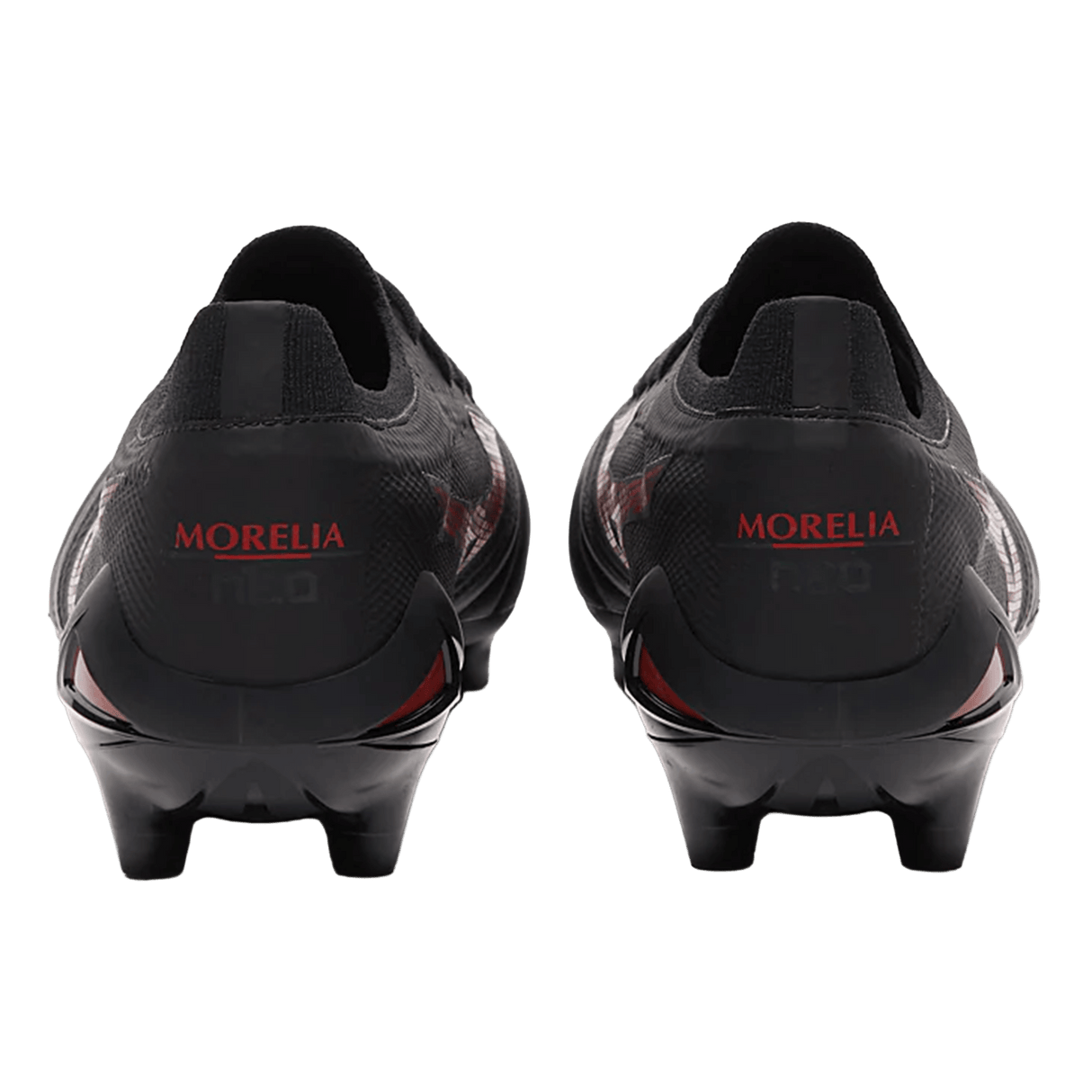 Rear view of Mizuno Morelia Neo IV Beta Elite FG football boots in Black/Morelia 40th Red/Black, crafted from premium kangaroo leather with molded studs, shown on a white background.