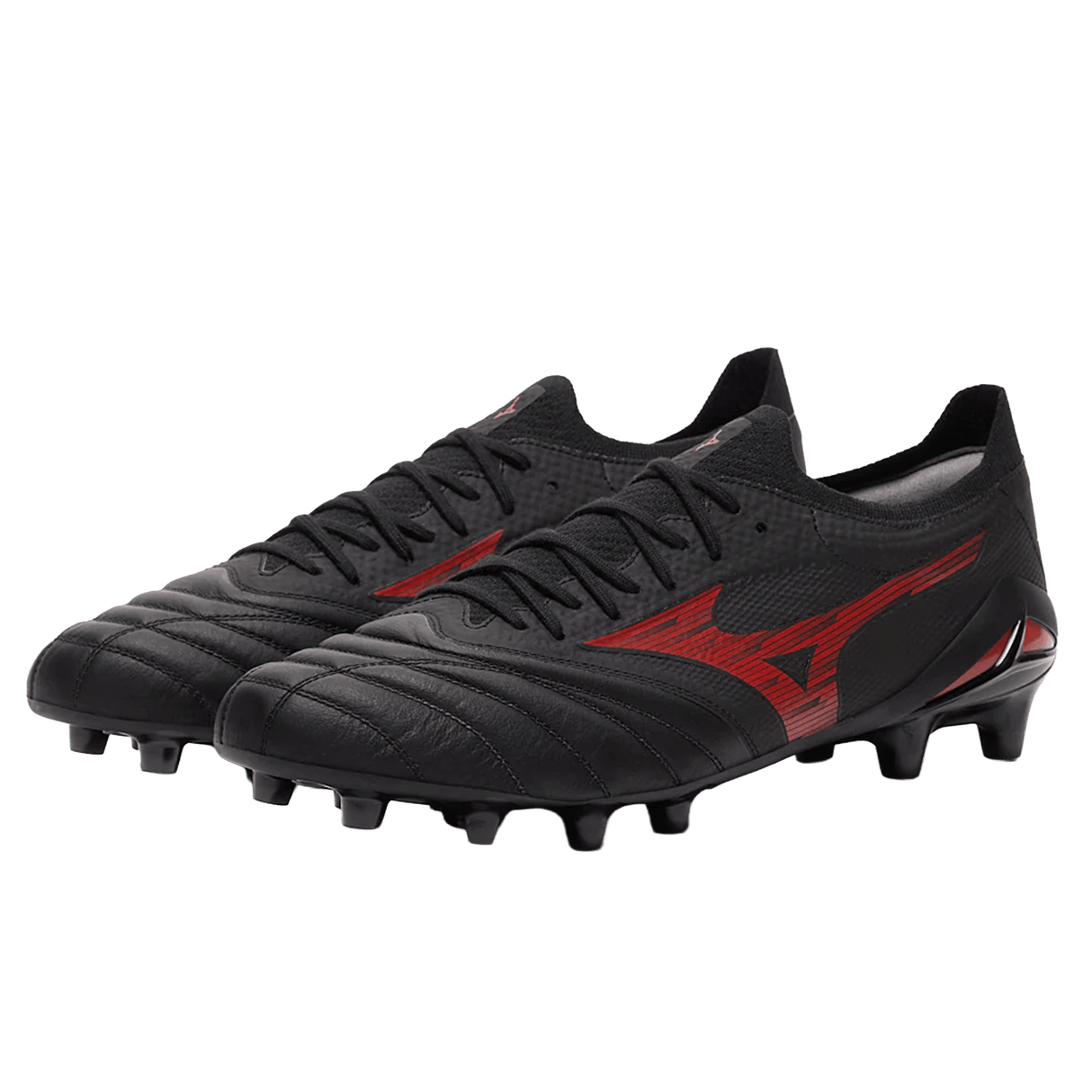 A pair of Mizuno Morelia Neo IV Beta Elite FG football boots in Black/Morelia 40th Red/Black, made from premium kangaroo leather with molded studs, displayed side by side on a white background.