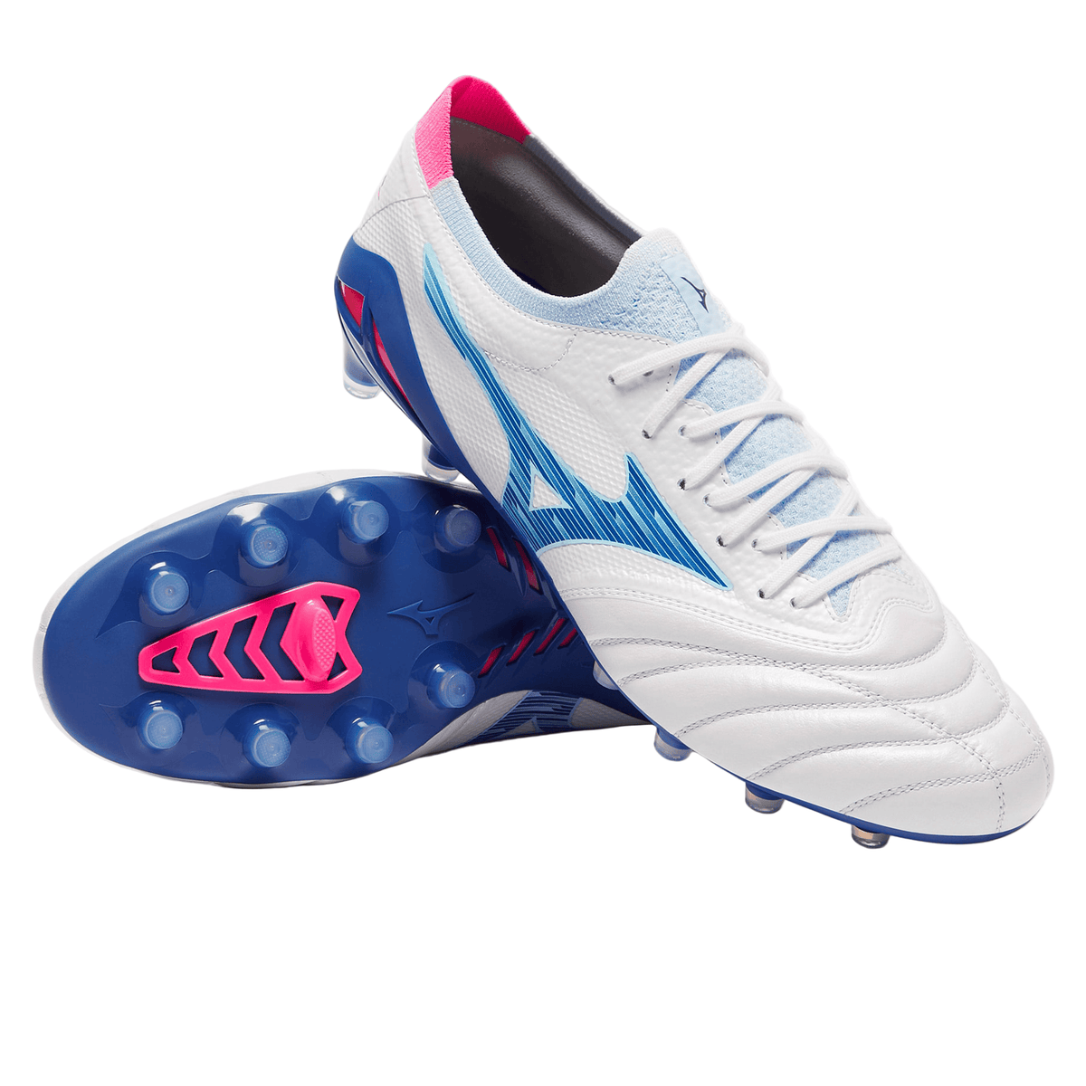 Pair of white Mizuno Morelia Neo IV Beta Elite FG rugby boots, featuring Tanager Turquoise and Pink Tetra accents. Crafted from premium kangaroo leather, one boot is shown in a side view and the other highlights the studded sole designed for firm ground performance.