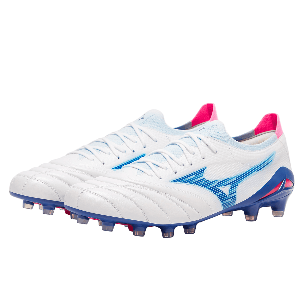 A pair of Mizuno Morelia Neo IV Beta Elite FG Rugby Boots in White/Tanager Turquoise/Pink Tetra, featuring blue and pink accents, a blue Mizuno logo, molded studs on the soles, and a premium kangaroo leather upper for exceptional touch and comfort.