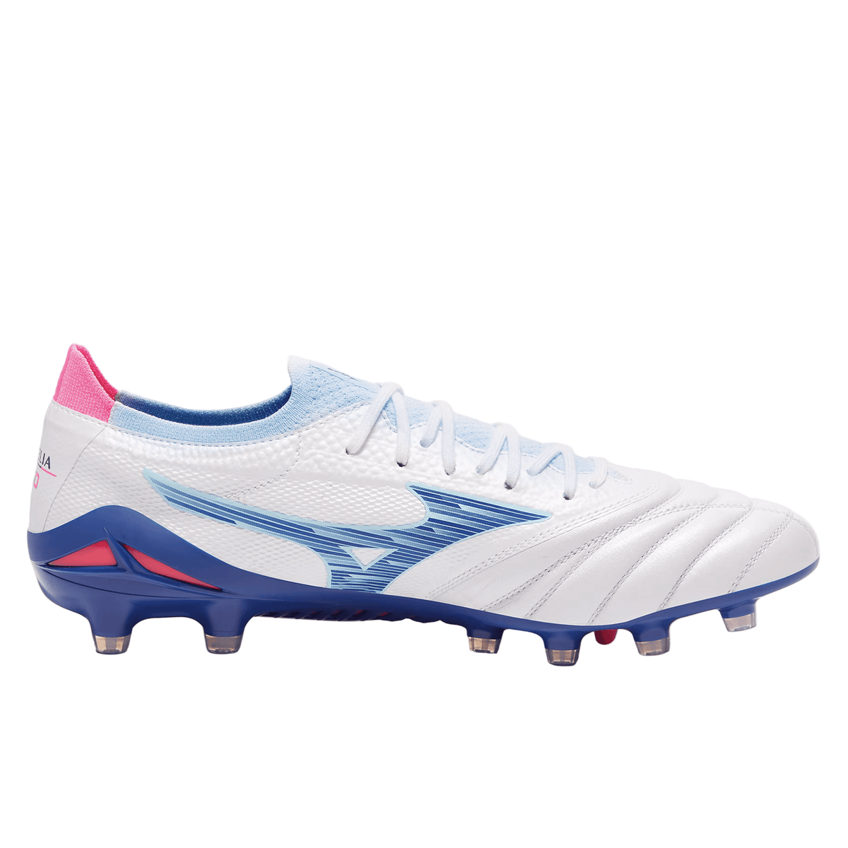 The Mizuno Morelia Neo IV Beta Elite FG Rugby Boot in White/Tanager Turquoise/Pink Tetra is displayed in a side profile view against a plain white background, showcasing its sleek design. Crafted with premium kangaroo leather, these firm ground boots by Mizuno feature a striking blue sole with distinctive turquoise and pink accents, complemented by vibrant laces.
