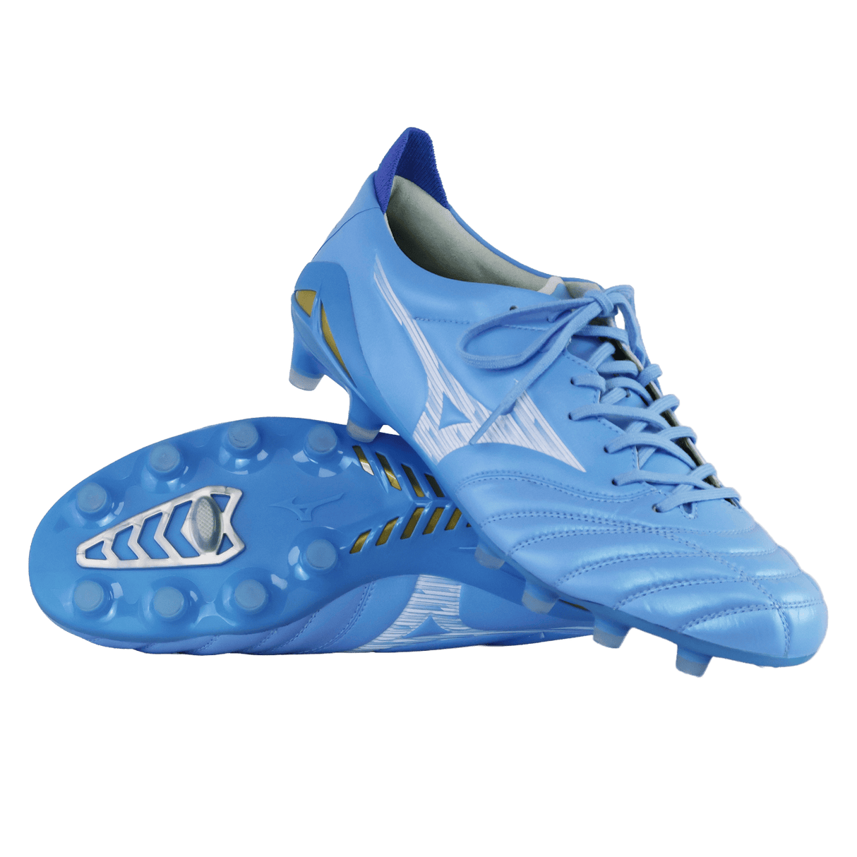 A pair of Mizuno Morelia Neo IV Elite FG soccer cleats in Celeste/White/Ultramarine, featuring molded studs and kangaroo leather forefoot—one upright, one on its side—displayed on a plain white background.