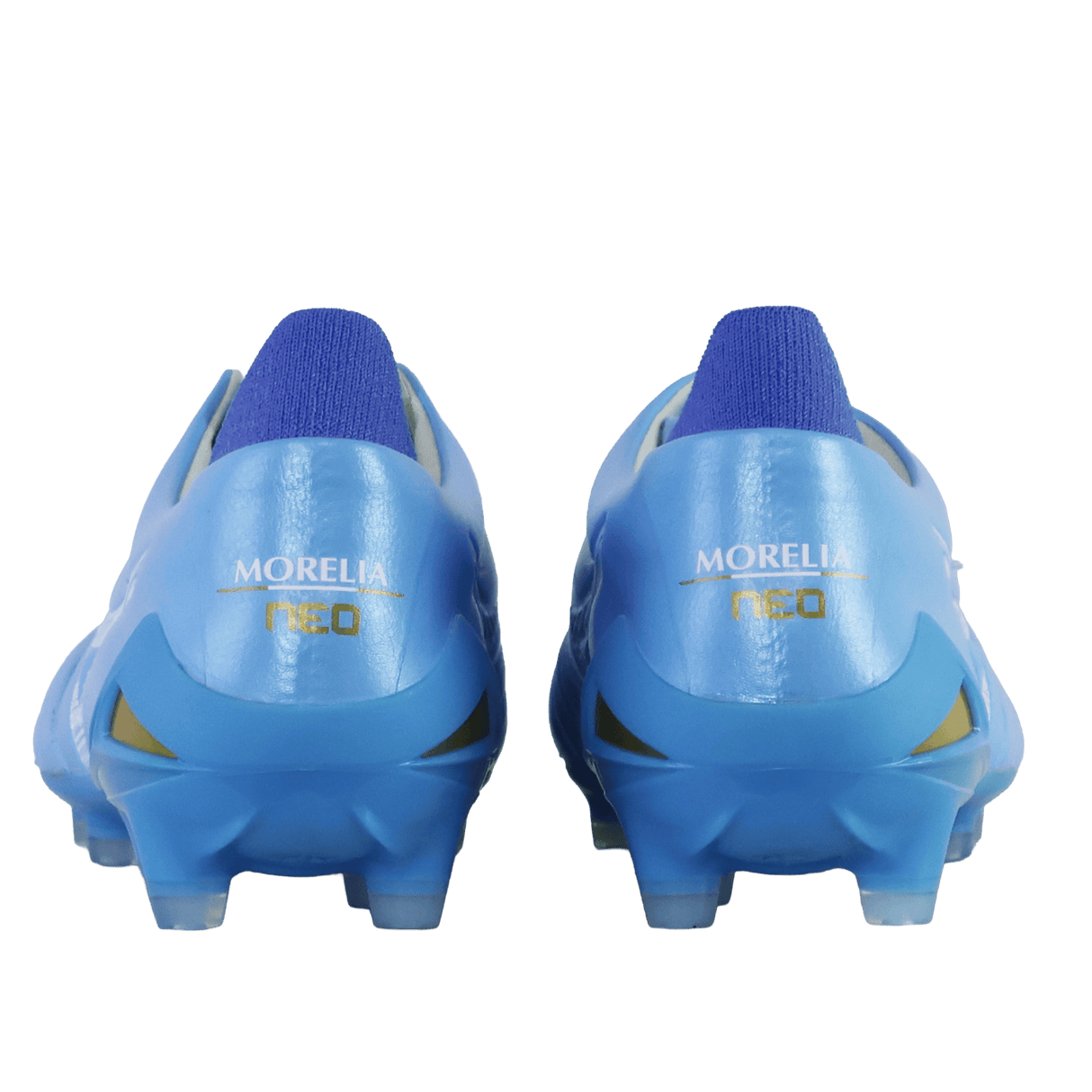 Rear view of two Mizuno Morelia Neo IV Elite FG soccer cleats in Celeste/White/Ultramarine, featuring kangaroo leather forefeet and gold brand and model text on the heels, set against a white background.